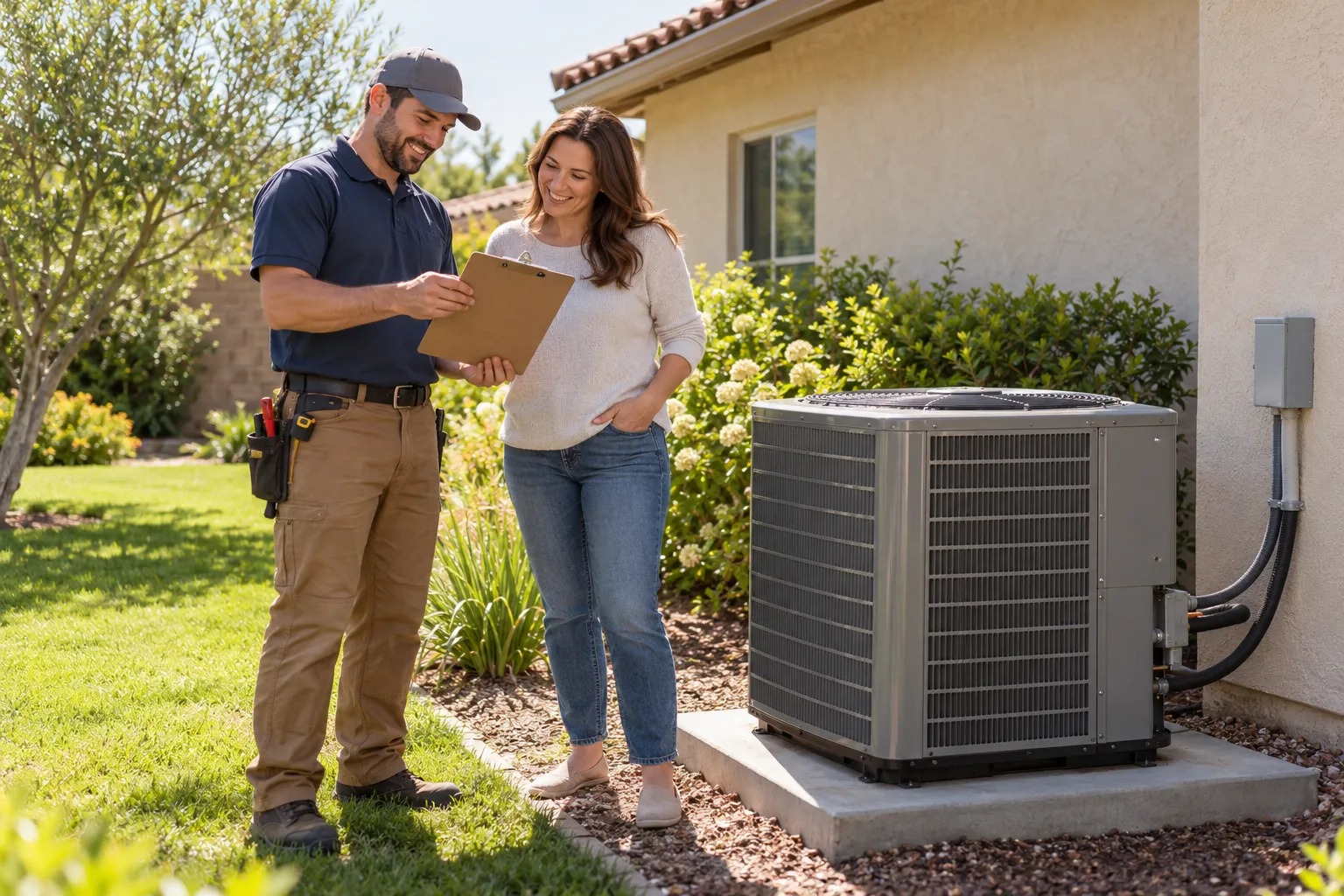 A friendly HVAC provider reviewing a new outdoor AC unit with a homeowner at a Delray Beach home in the Delray Beach area