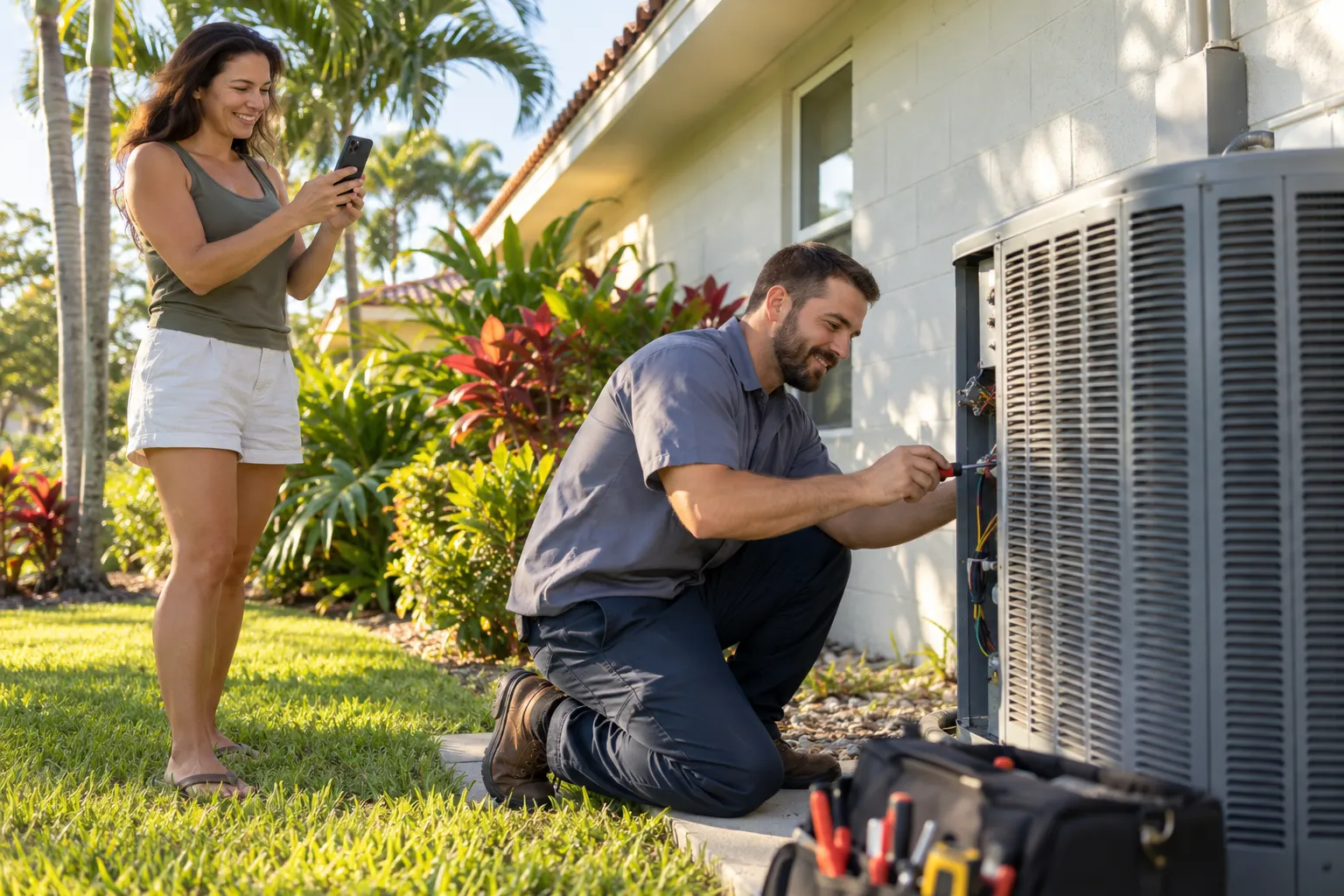 A friendly HVAC provider checking an outdoor AC unit beside a home in Delray Beach while a homeowner looks on